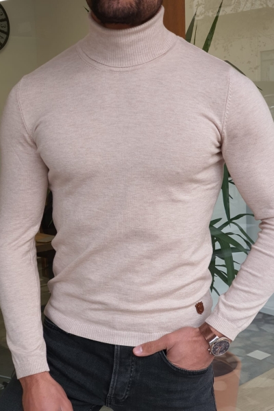 Beige Slim Fit Turtleneck Wool Sweater by GentWith.com with Free Worldwide Shipping