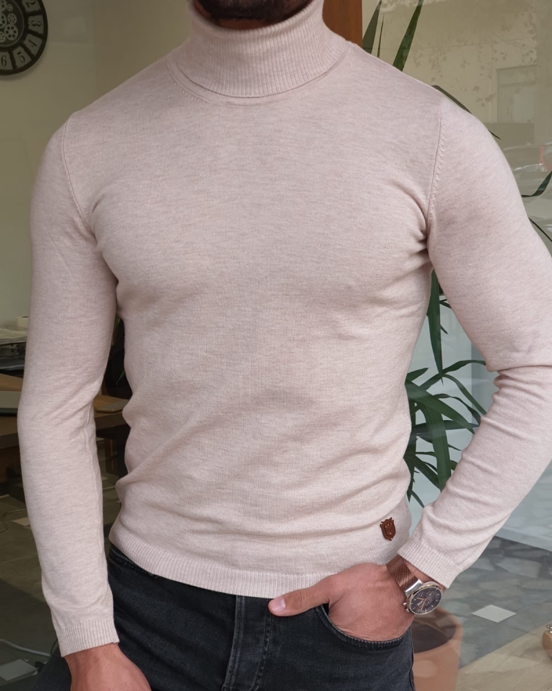 Beige Slim Fit Turtleneck Wool Sweater by GentWith.com with Free Worldwide Shipping