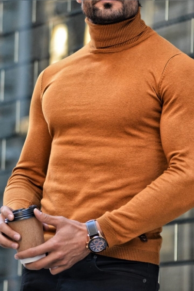 Camel Slim Fit Turtleneck Wool Sweater by GentWith.com with Free Worldwide Shipping