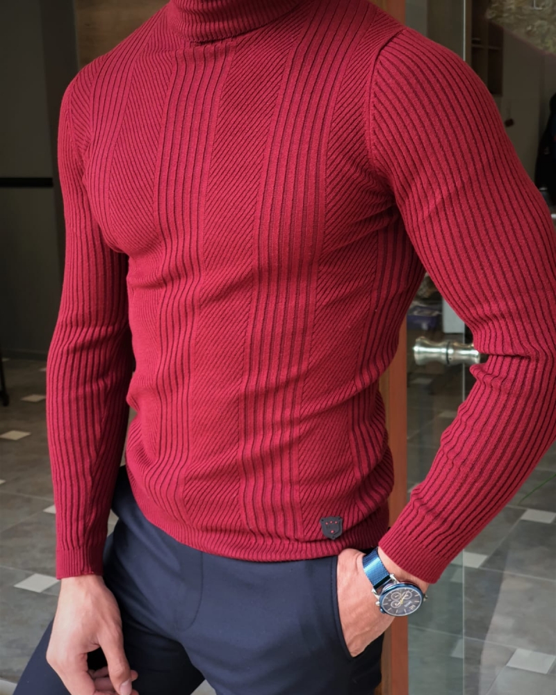 Claret Red Slim Fit Striped Turtleneck Wool Sweater by GentWith.com with Free Worldwide Shipping