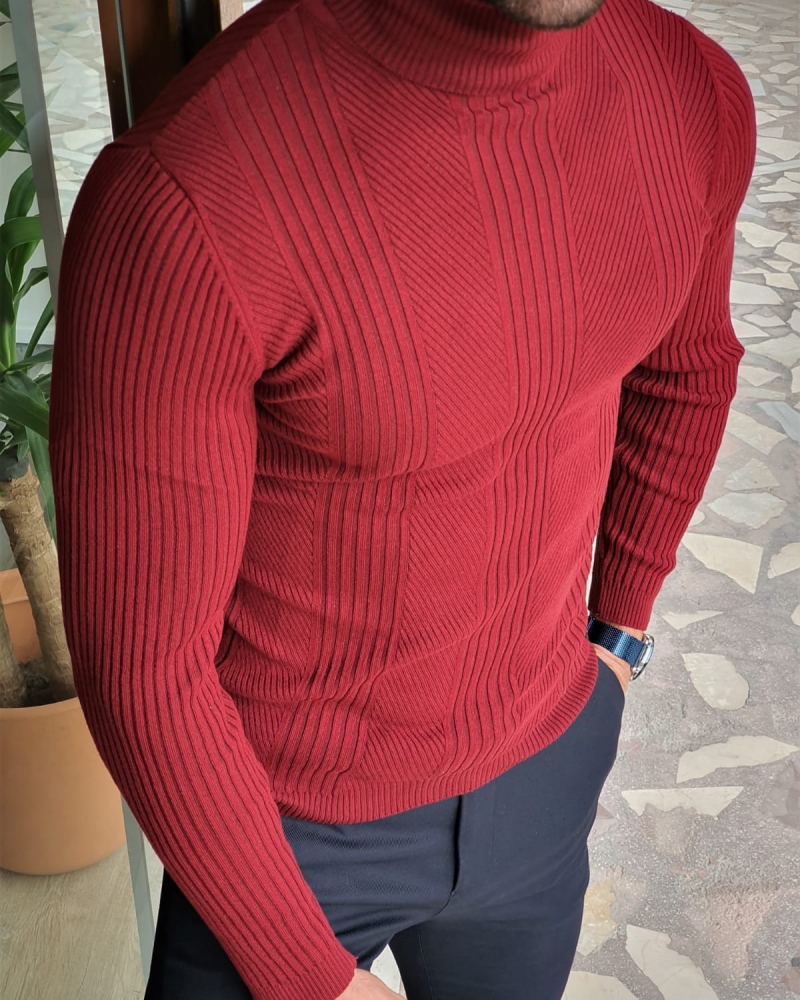 Buy Claret Red Slim Fit Striped Turtleneck Wool Sweater by GentWith