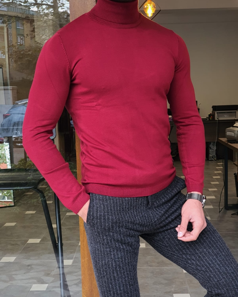 Claret Red Slim Fit Turtleneck Wool Sweater by GentWith.com with Free Worldwide Shipping