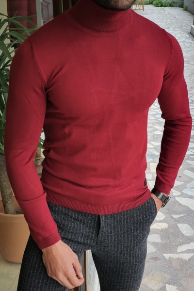 Claret Red Slim Fit Turtleneck Wool Sweater by GentWith.com with Free Worldwide Shipping