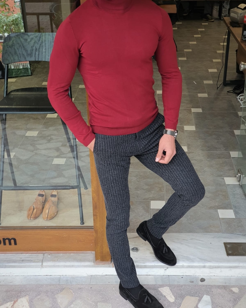 Claret Red Slim Fit Turtleneck Wool Sweater by GentWith.com with Free Worldwide Shipping