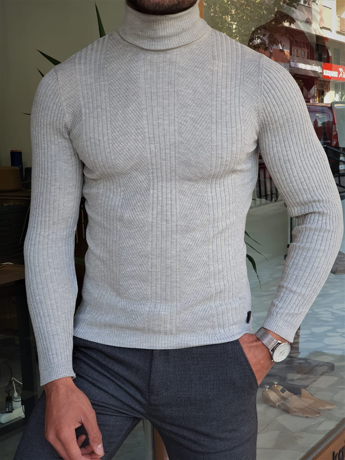 Buy Gray Slim Fit Striped Turtleneck Wool Sweater by GentWith