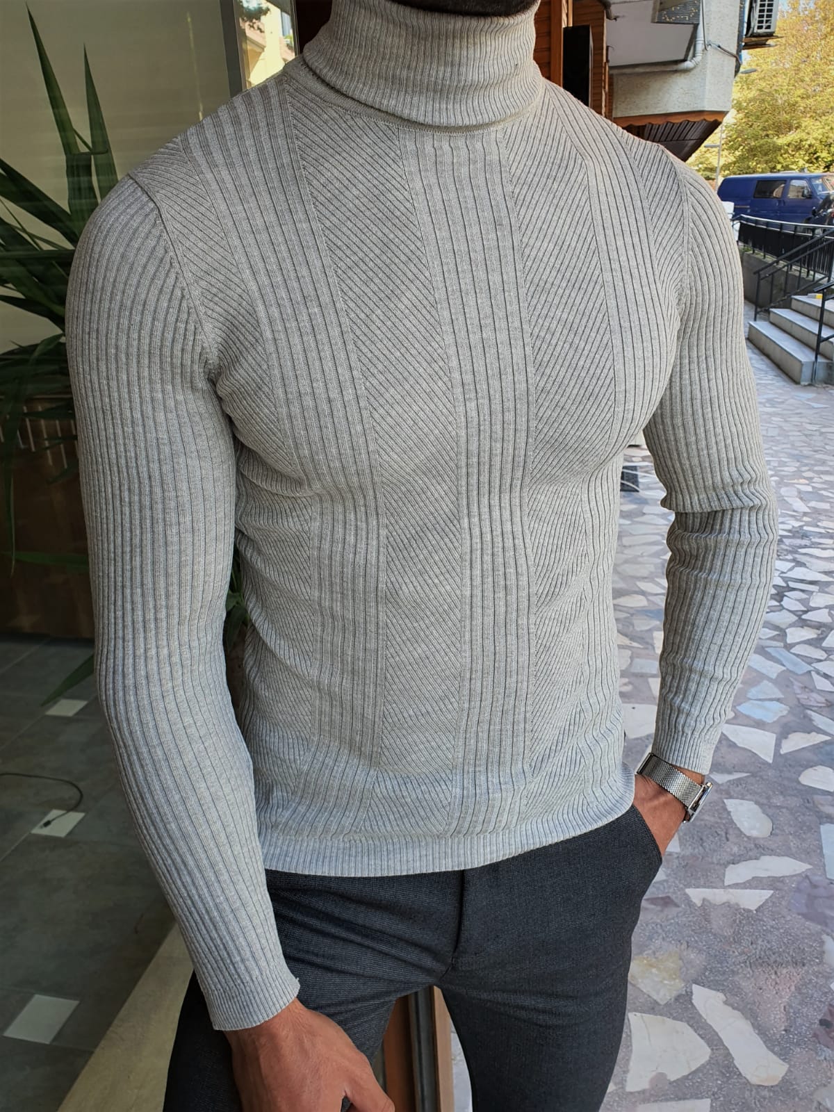 Buy Gray Slim Fit Striped Turtleneck Wool Sweater by GentWith