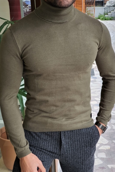 Khaki Slim Fit Turtleneck Wool Sweater by GentWith.com with Free Worldwide Shipping