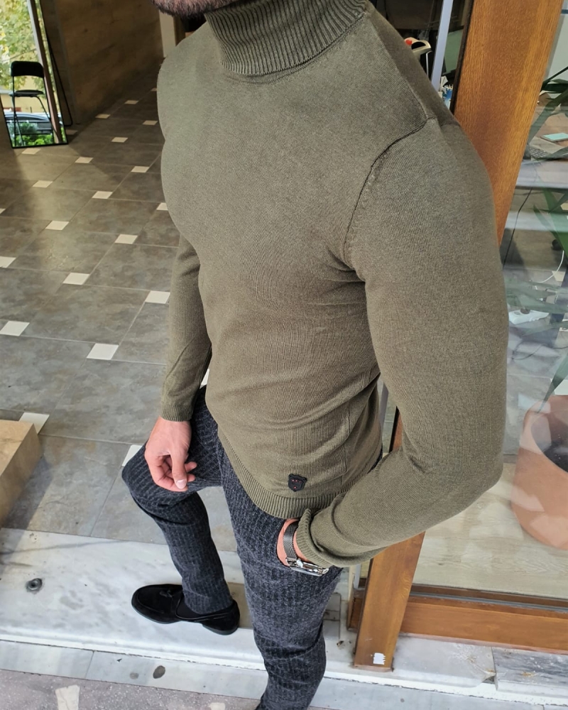Khaki Slim Fit Turtleneck Wool Sweater by GentWith.com with Free Worldwide Shipping