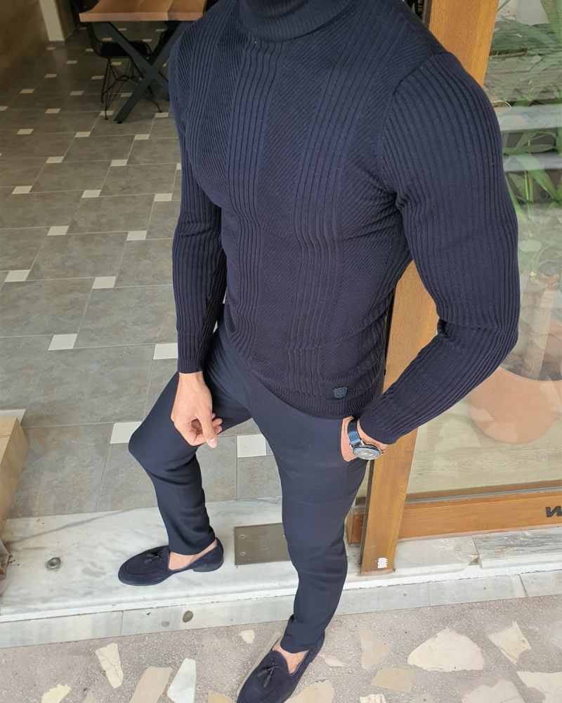 Navy Blue Slim Fit Striped Turtleneck Wool Sweater by GentWith.com with Free Worldwide Shipping