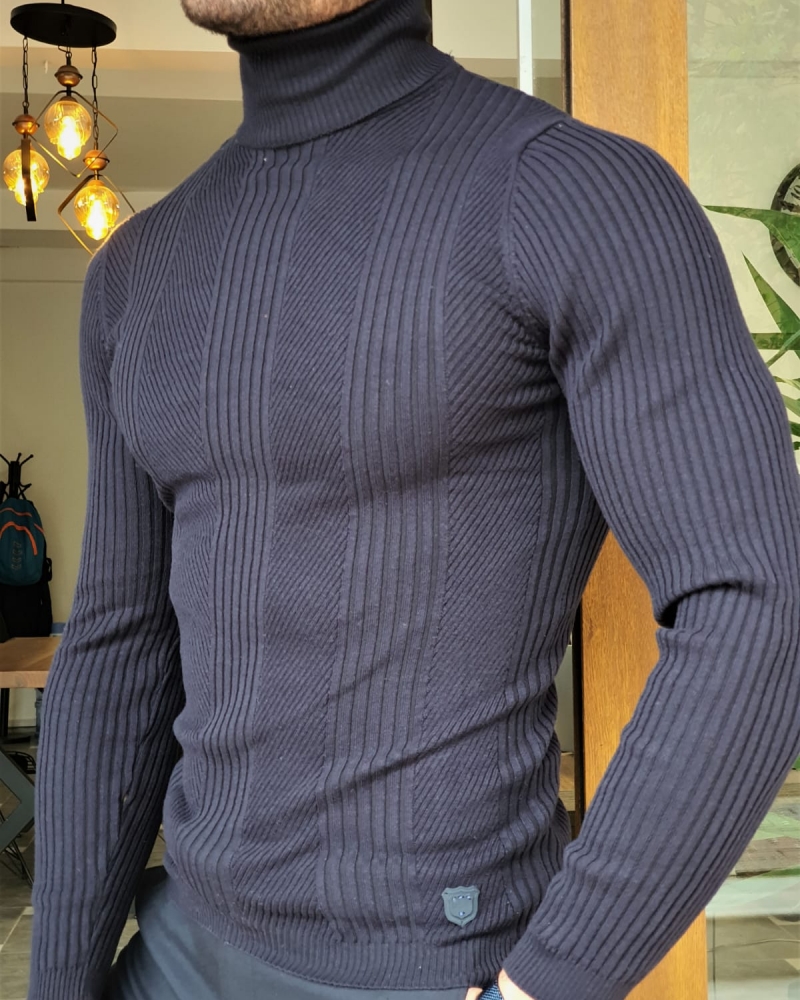Navy Blue Slim Fit Striped Turtleneck Wool Sweater by GentWith.com with Free Worldwide Shipping