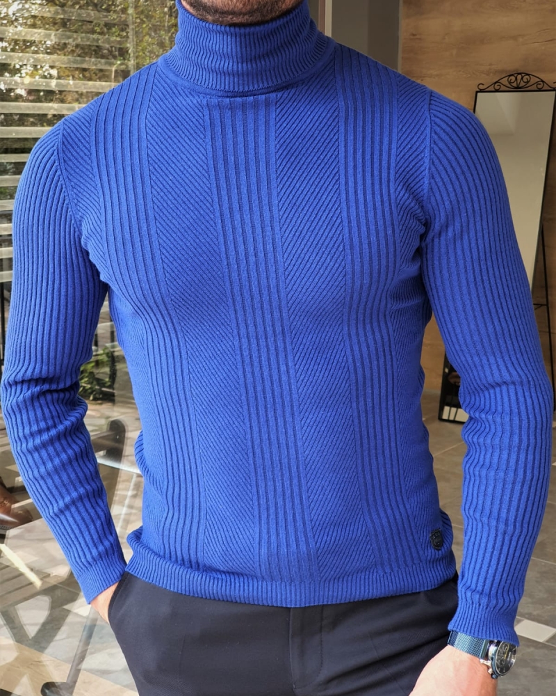 Sax Slim Fit Striped Turtleneck Wool Sweater by GentWith.com with Free Worldwide Shipping