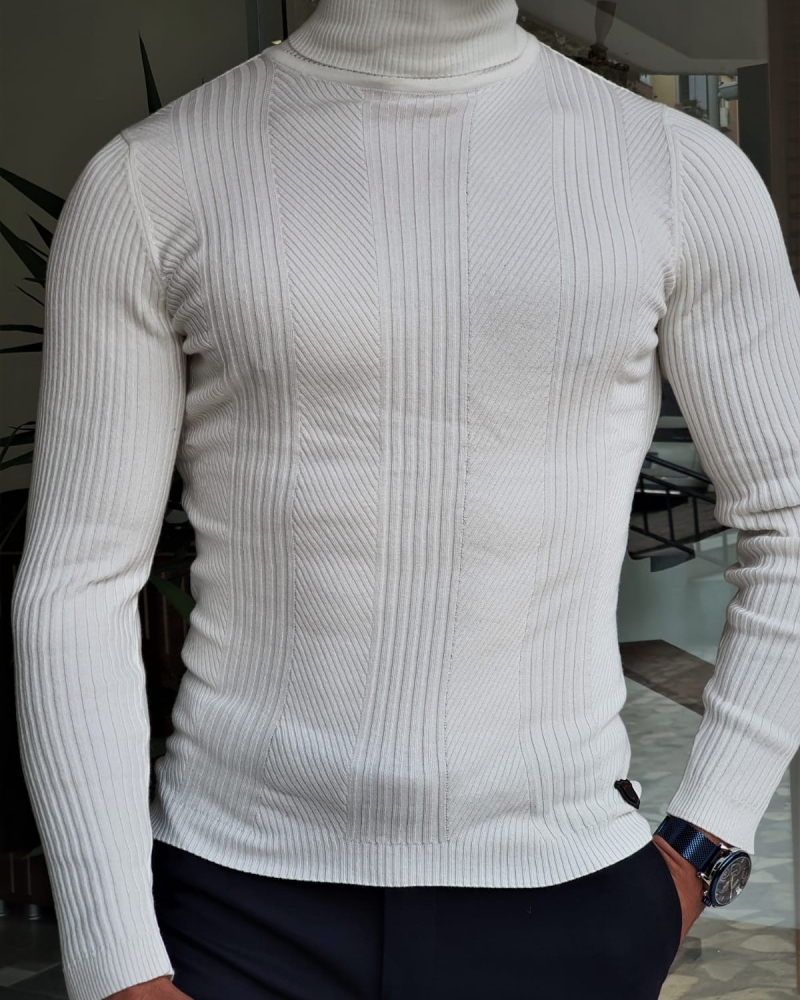 White Slim Fit Striped Turtleneck Wool Sweater by GentWith.com with Free Worldwide Shipping