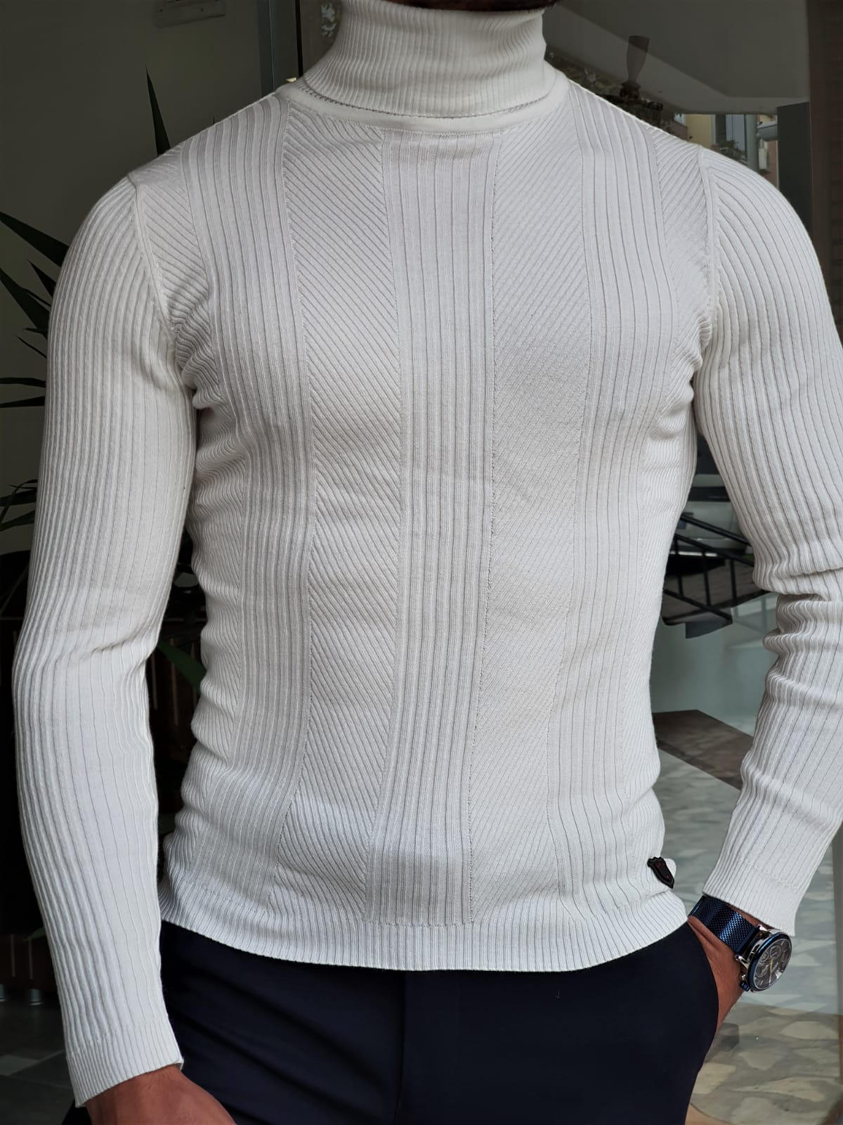 Buy White Slim Fit Striped Turtleneck Wool Sweater by GentWith