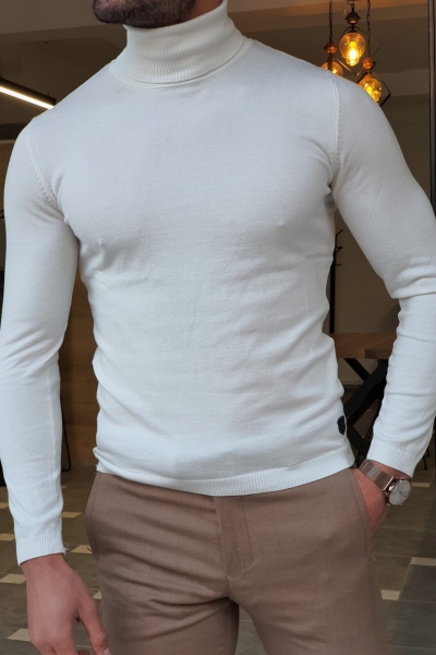 White Slim Fit Turtleneck Wool Sweater by GentWith.com with Free Worldwide Shipping