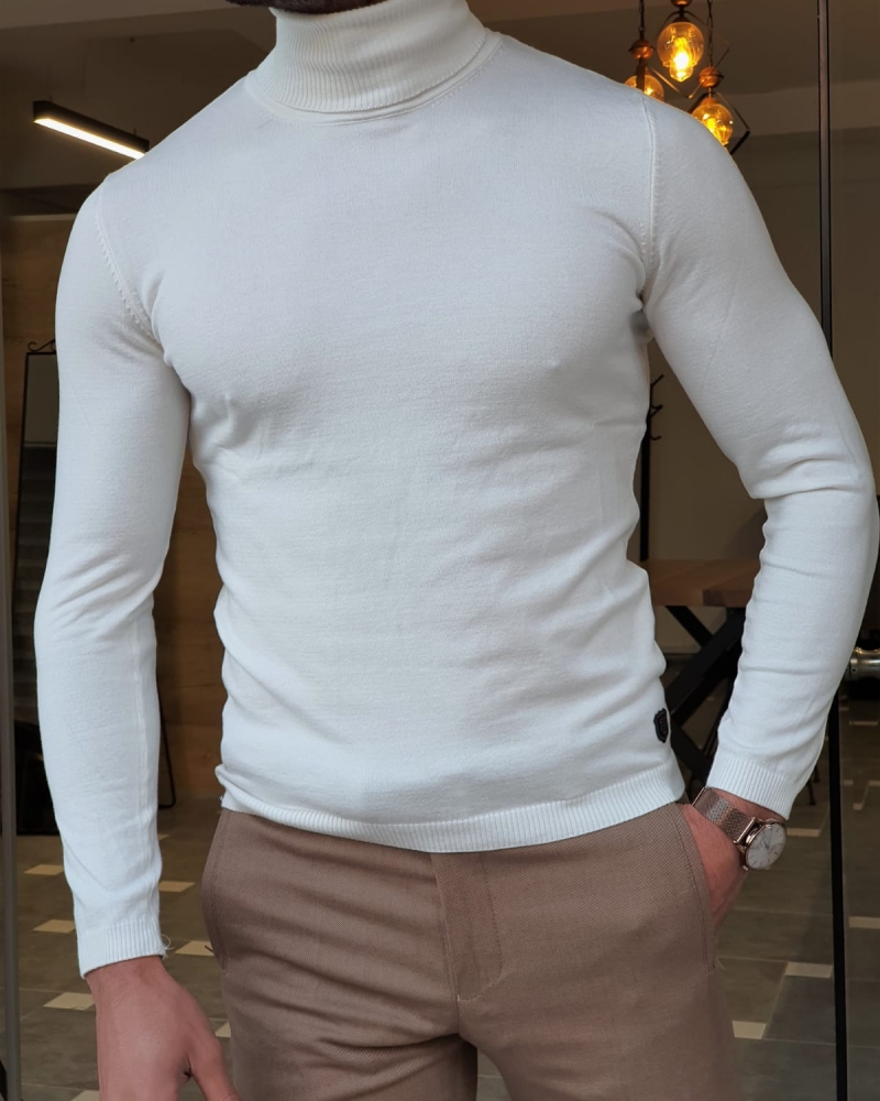 White Slim Fit Turtleneck Wool Sweater by GentWith.com with Free Worldwide Shipping