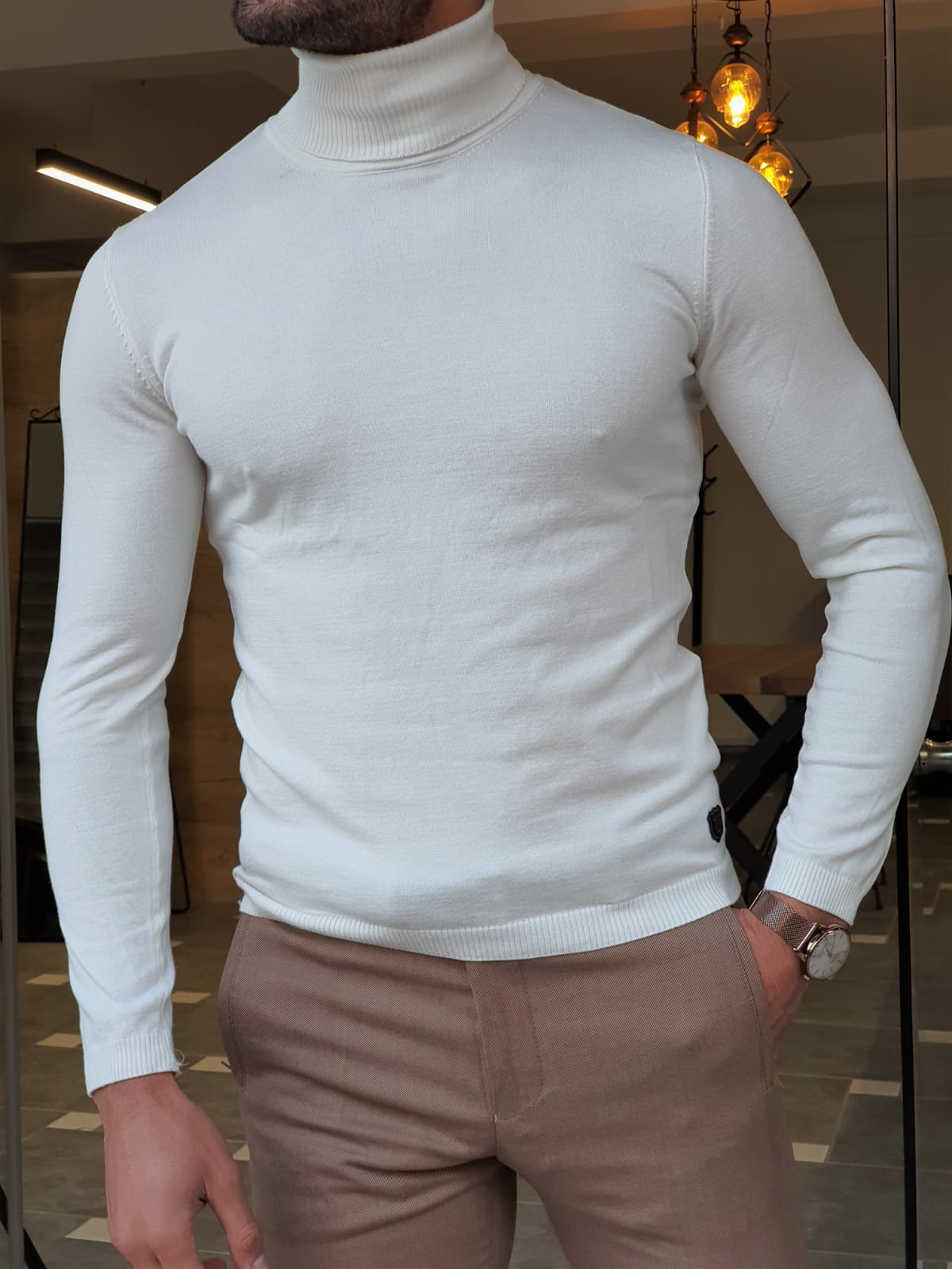 GentWith Elko White Slim Fit Turtleneck Wool Sweater 