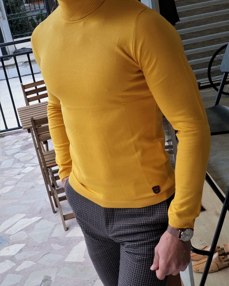 Yellow Slim Fit Turtleneck Wool Sweater by GentWith.com with Free Worldwide Shipping
