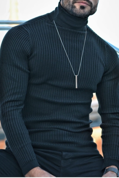 Black Slim Fit Turtleneck Wool Sweater by GentWith.com with Free Worldwide Shipping