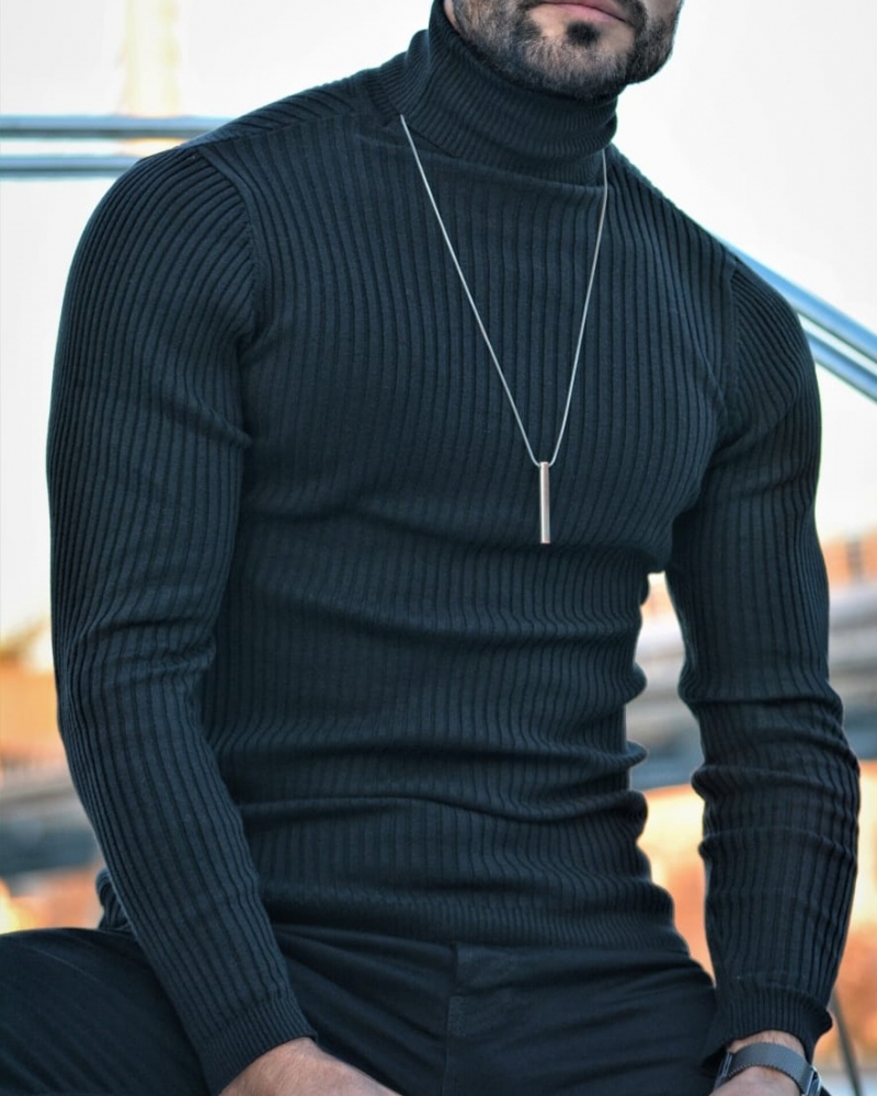 Black Slim Fit Turtleneck Wool Sweater by GentWith.com with Free Worldwide Shipping