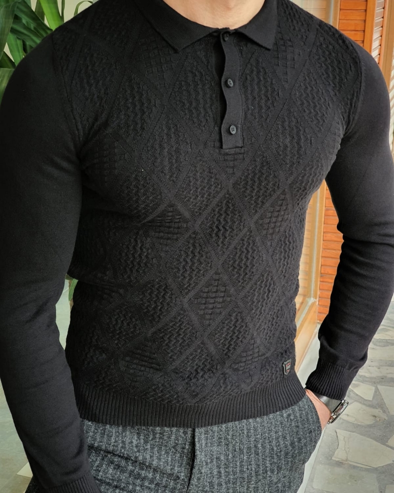 Black Slim Fit Collar Sweater by GentWith.com with Free Worldwide Shipping