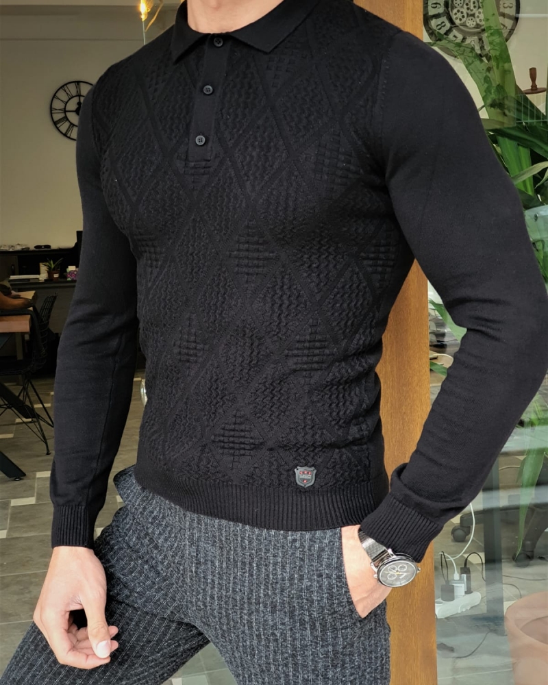 Black Slim Fit Collar Sweater by GentWith.com with Free Worldwide Shipping