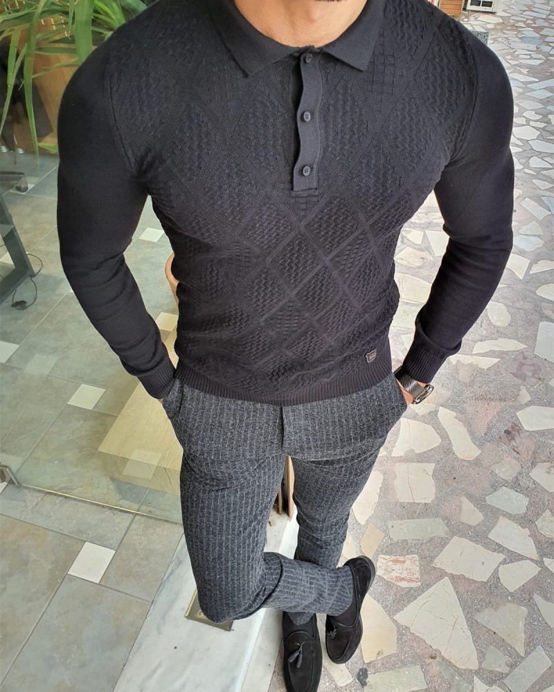 Black Slim Fit Collar Sweater by GentWith.com with Free Worldwide Shipping