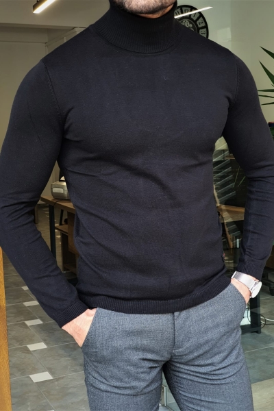 Black Slim Fit Mock Turtleneck Sweater by GentWith.com with Free Worldwide Shipping