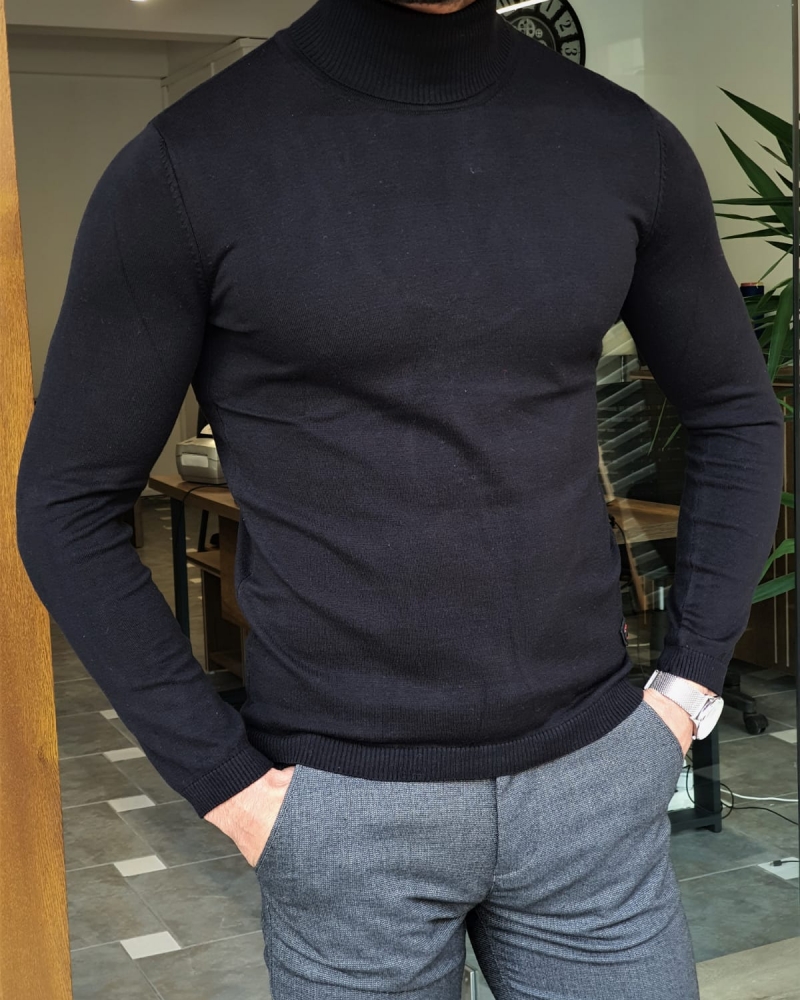 Black Slim Fit Mock Turtleneck Sweater by GentWith.com with Free Worldwide Shipping