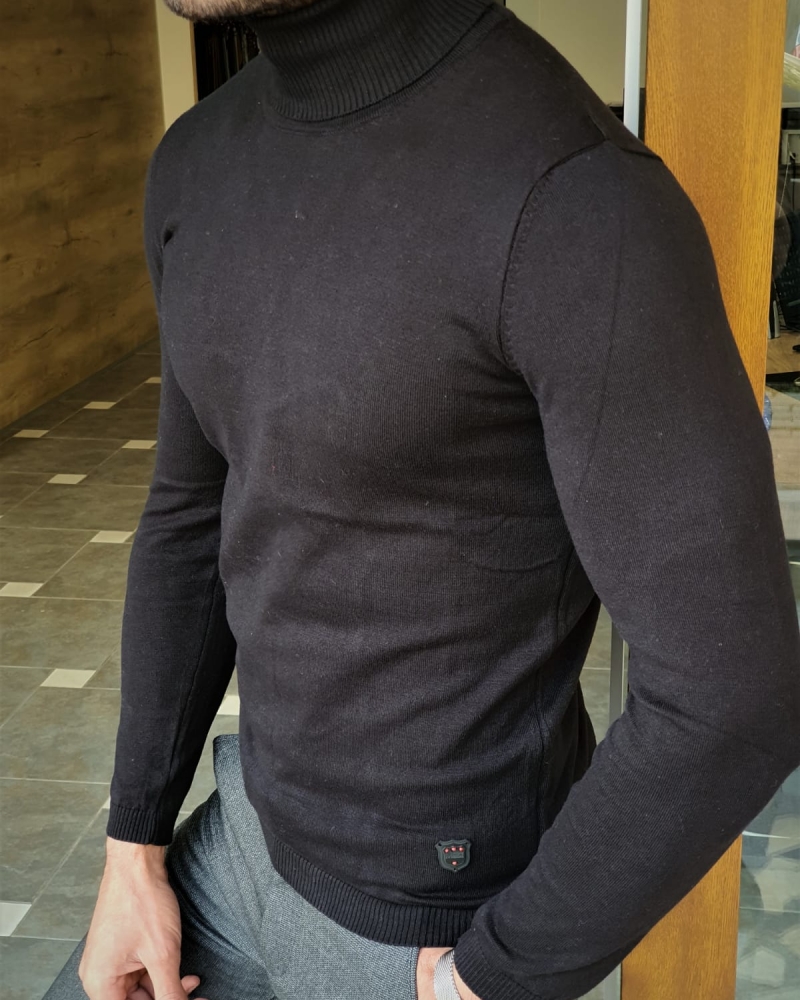 Black Slim Fit Mock Turtleneck Sweater by GentWith.com with Free Worldwide Shipping