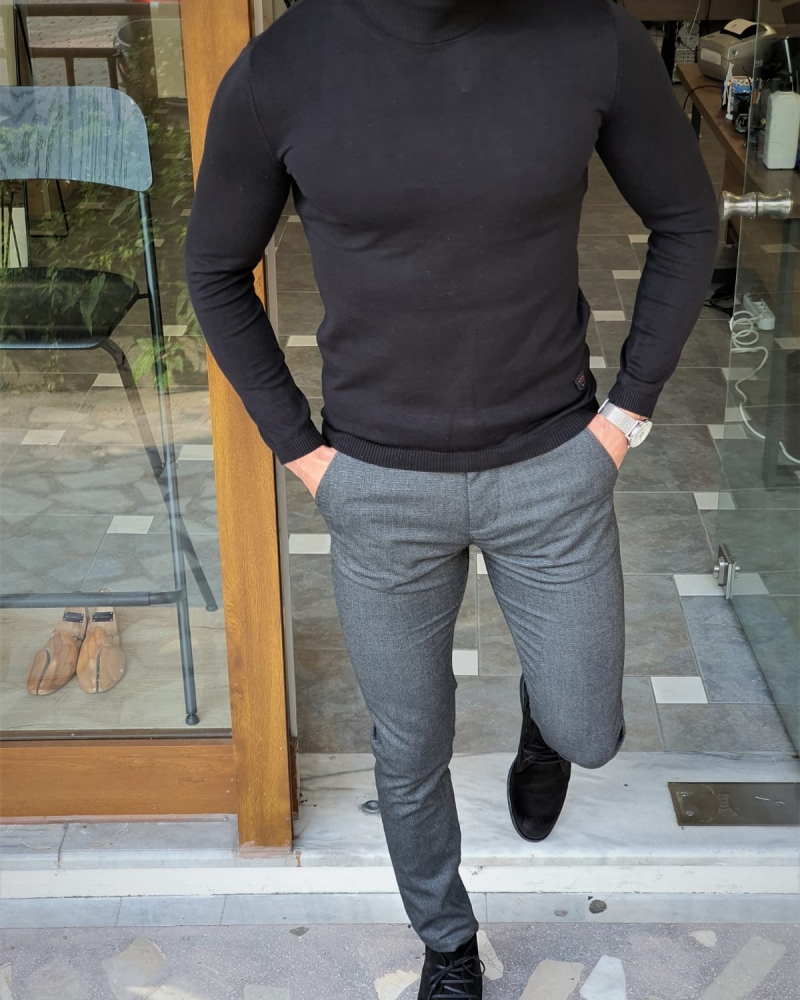 Black Slim Fit Mock Turtleneck Sweater by GentWith.com with Free Worldwide Shipping