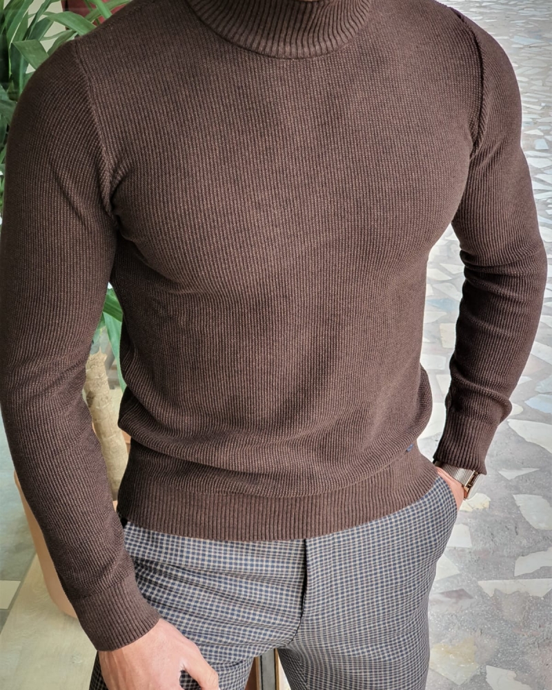 Brown Slim Fit Mock Turtleneck Sweater by GentWith.com with Free Worldwide Shipping
