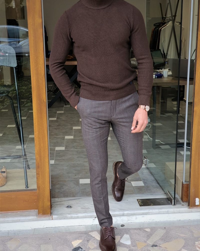 Brown Slim Fit Mock Turtleneck Sweater by GentWith.com with Free Worldwide Shipping