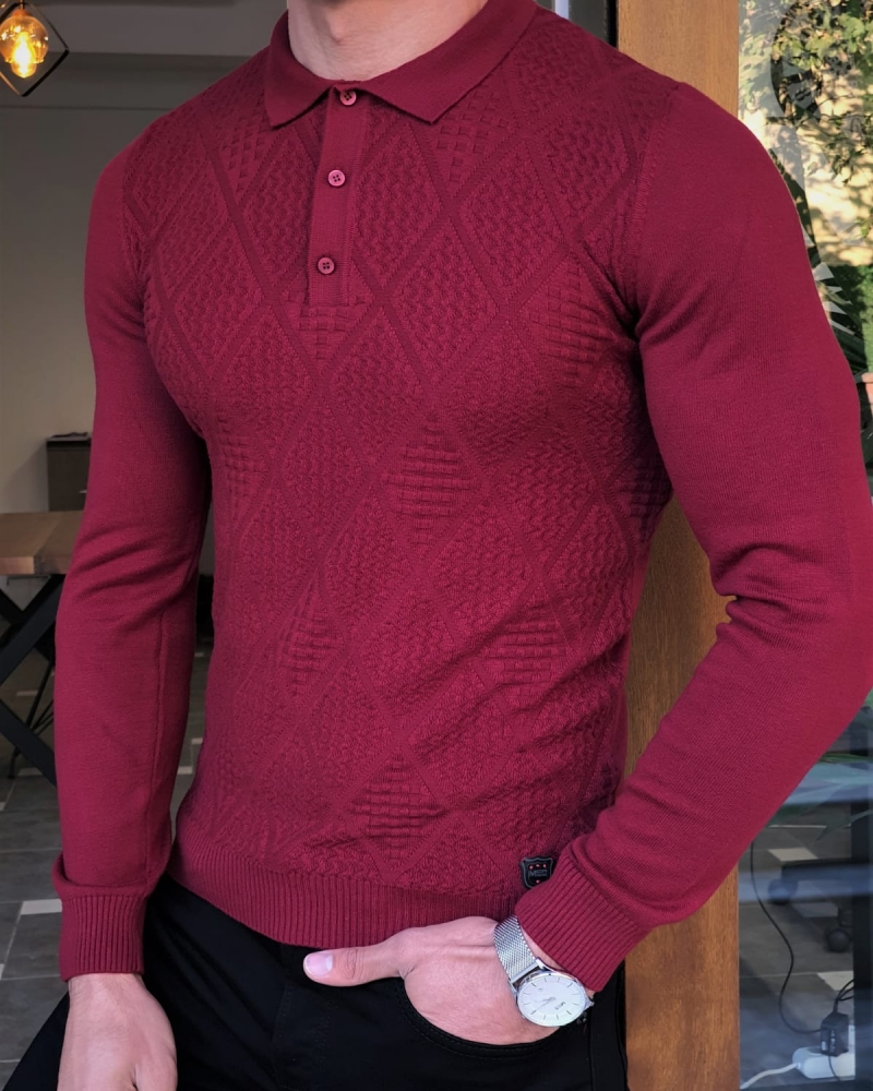 Claret Red Slim Fit Collar Sweater by GentWith.com with Free Worldwide Shipping