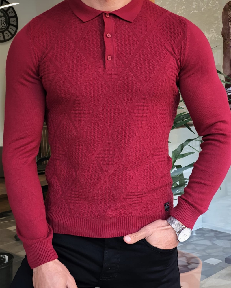 Claret Red Slim Fit Collar Sweater by GentWith.com with Free Worldwide Shipping