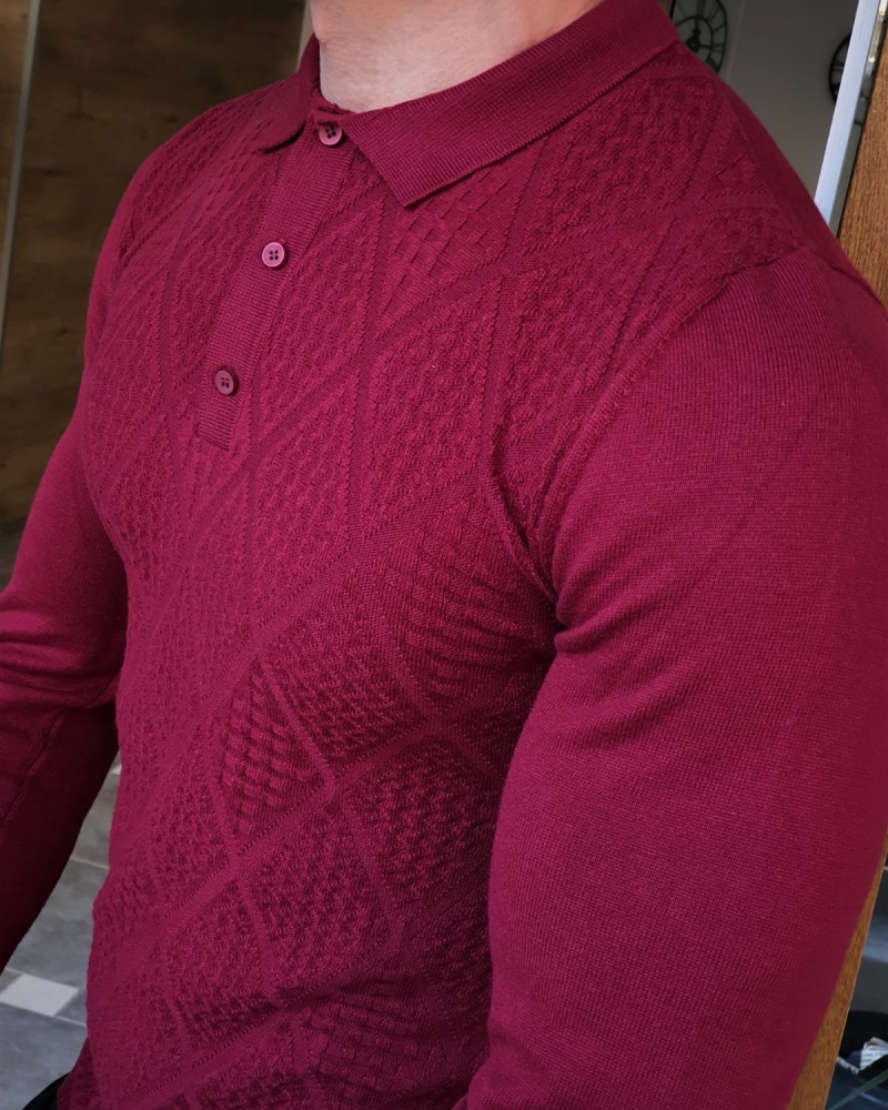 Claret Red Slim Fit Collar Sweater by GentWith.com with Free Worldwide Shipping