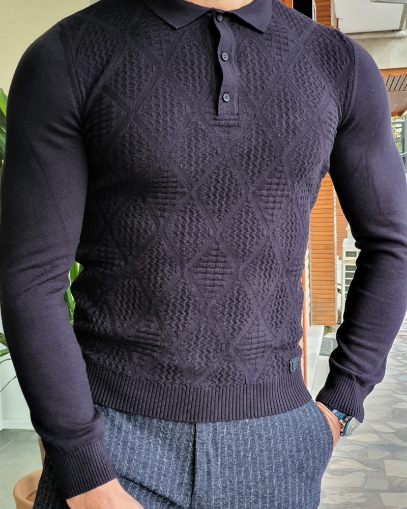 Navy Blue Slim Fit Collar Sweater by GentWith.com with Free Worldwide Shipping