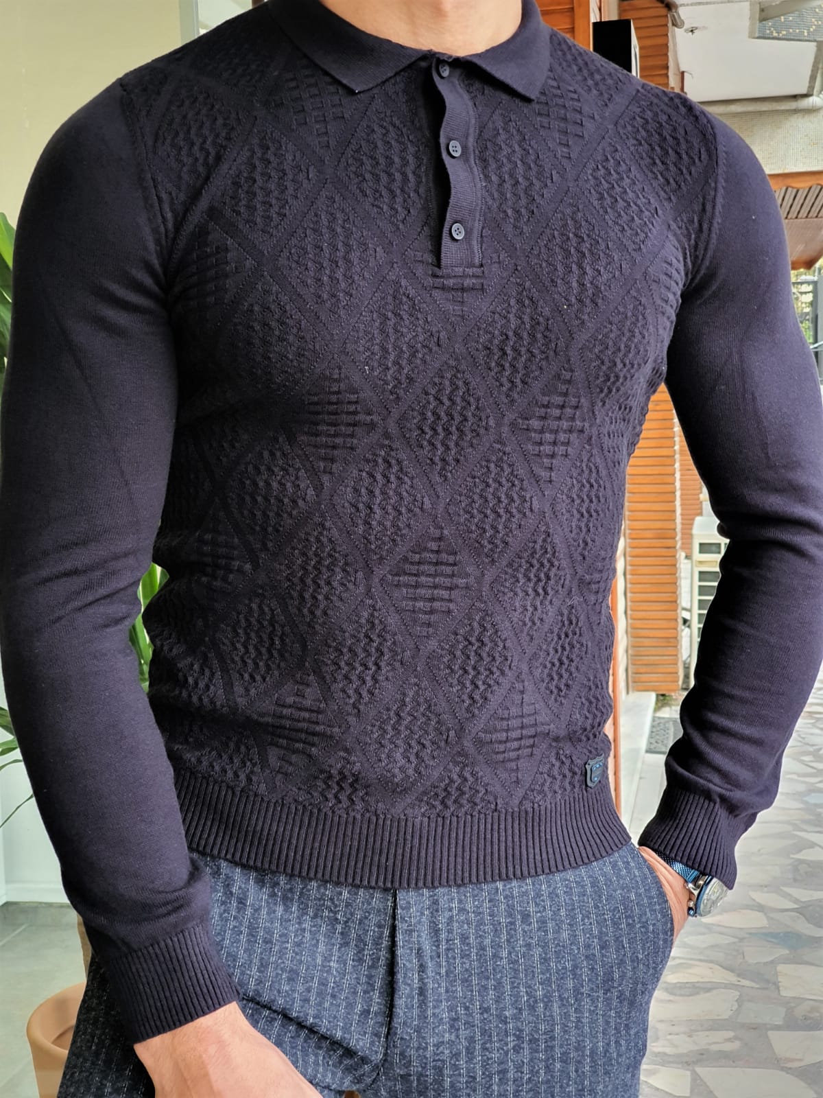 Buy Navy Blue Slim Fit Collar Sweater by GentWith | Free Shipping