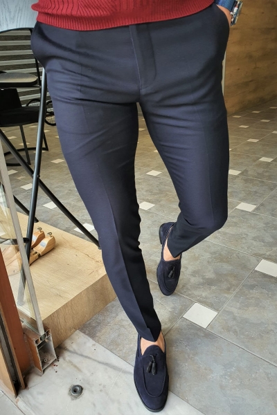 Navy Blue Slim Fit Pants by GentWith.com with Free Worldwide Shipping