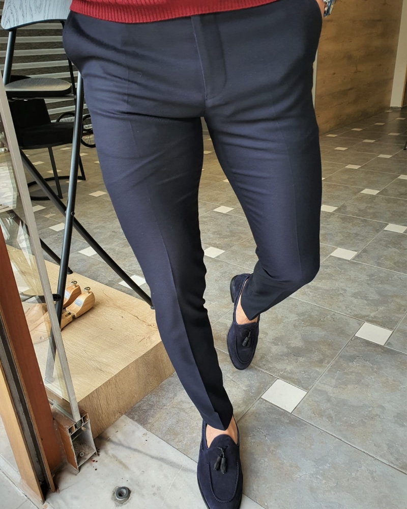 Navy Blue Slim Fit Pants by GentWith.com with Free Worldwide Shipping