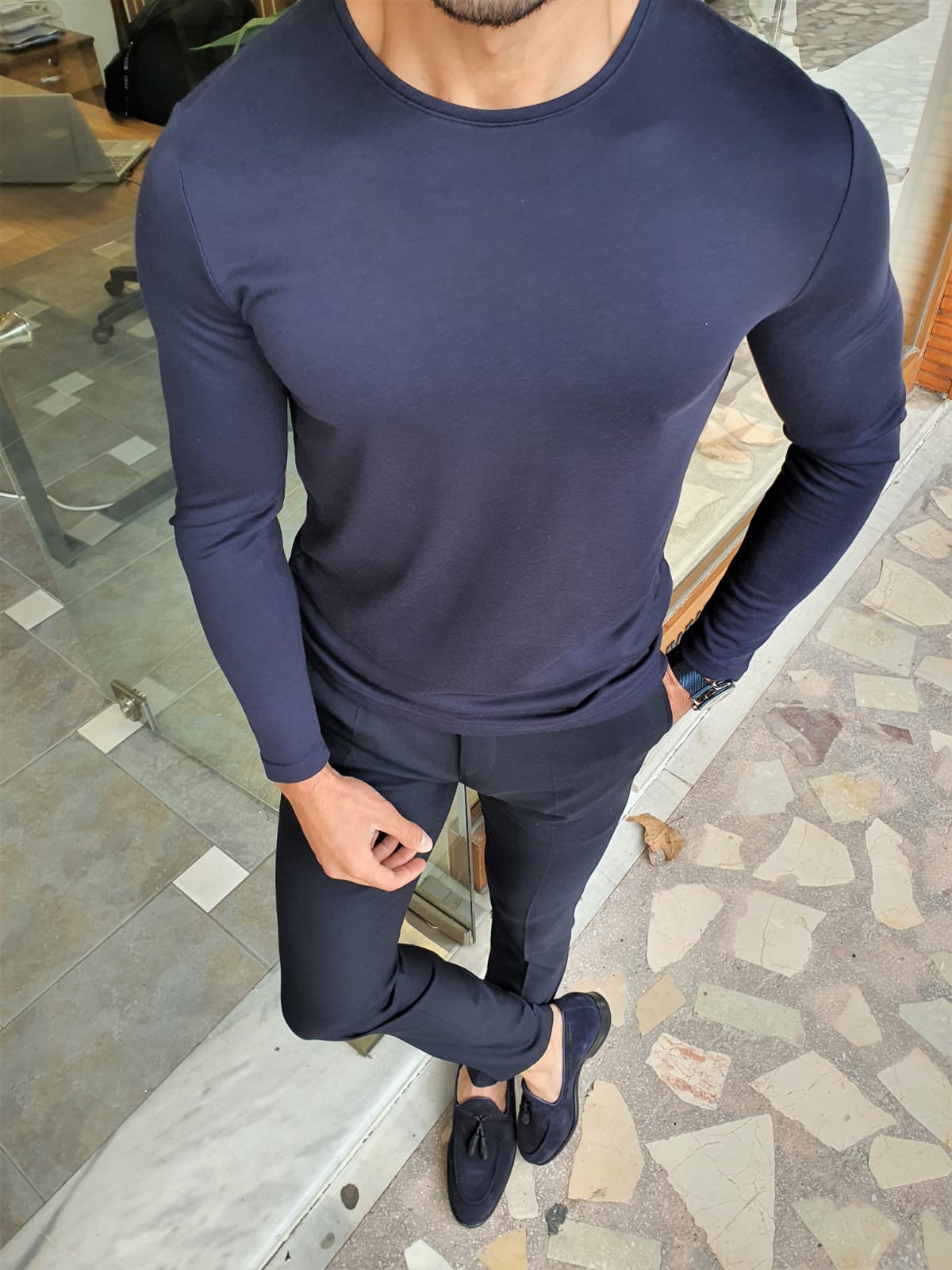 Buy Navy Blue Slim Fit Round Neck Sweater by GentWith | Free Shipping