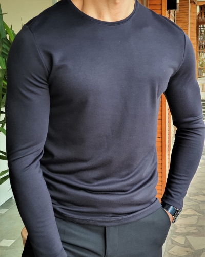 Navy Blue Slim Fit Round Neck Sweater by GentWith.com with Free Worldwide Shipping