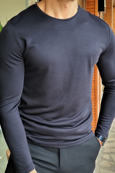 Navy Blue Slim Fit Round Neck Sweater by GentWith.com with Free Worldwide Shipping