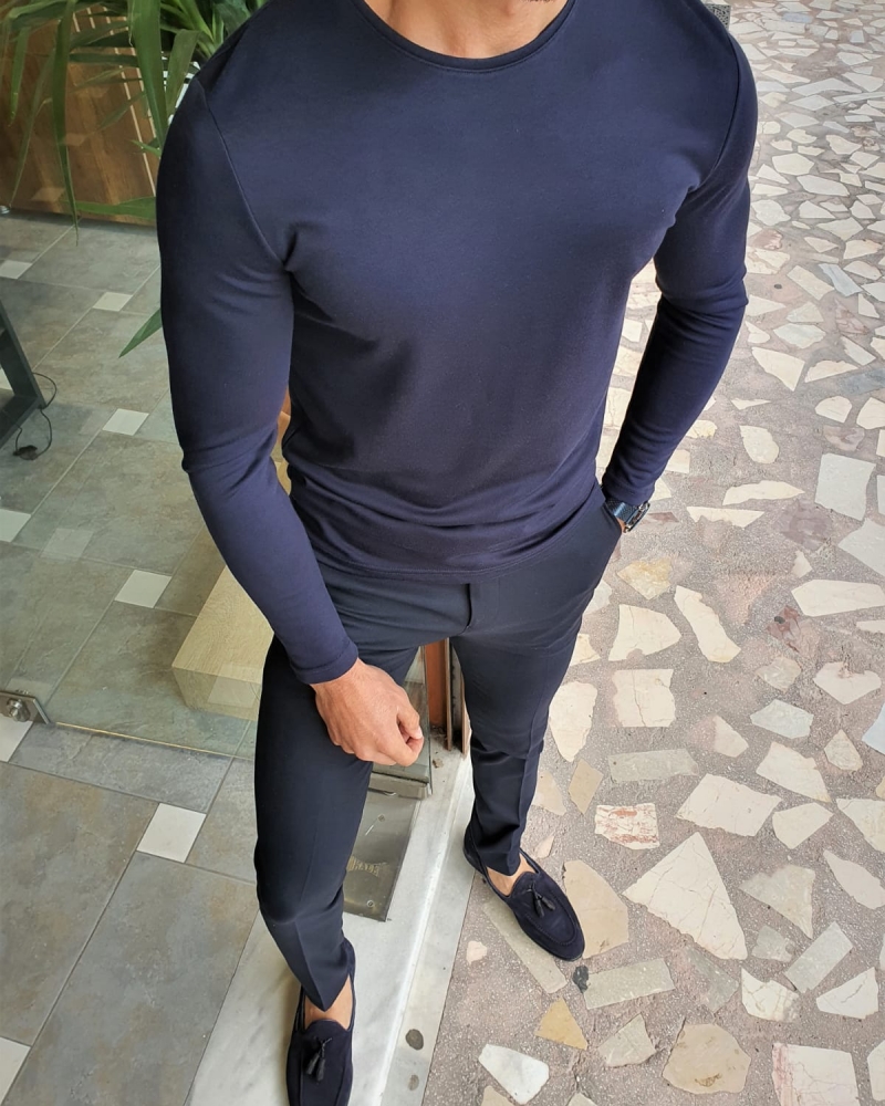 Navy Blue Slim Fit Round Neck Sweater by GentWith.com with Free Worldwide Shipping