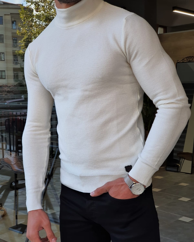 White Slim Fit Mock Turtleneck Sweater by GentWith.com with Free Worldwide Shipping