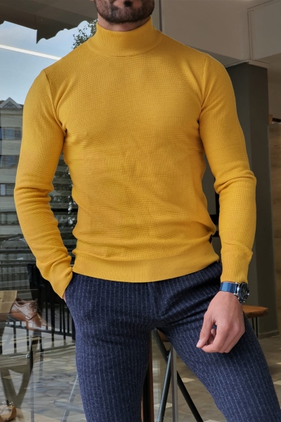 Yellow Slim Fit Mock Turtleneck Sweater by GentWith.com with Free Worldwide Shipping