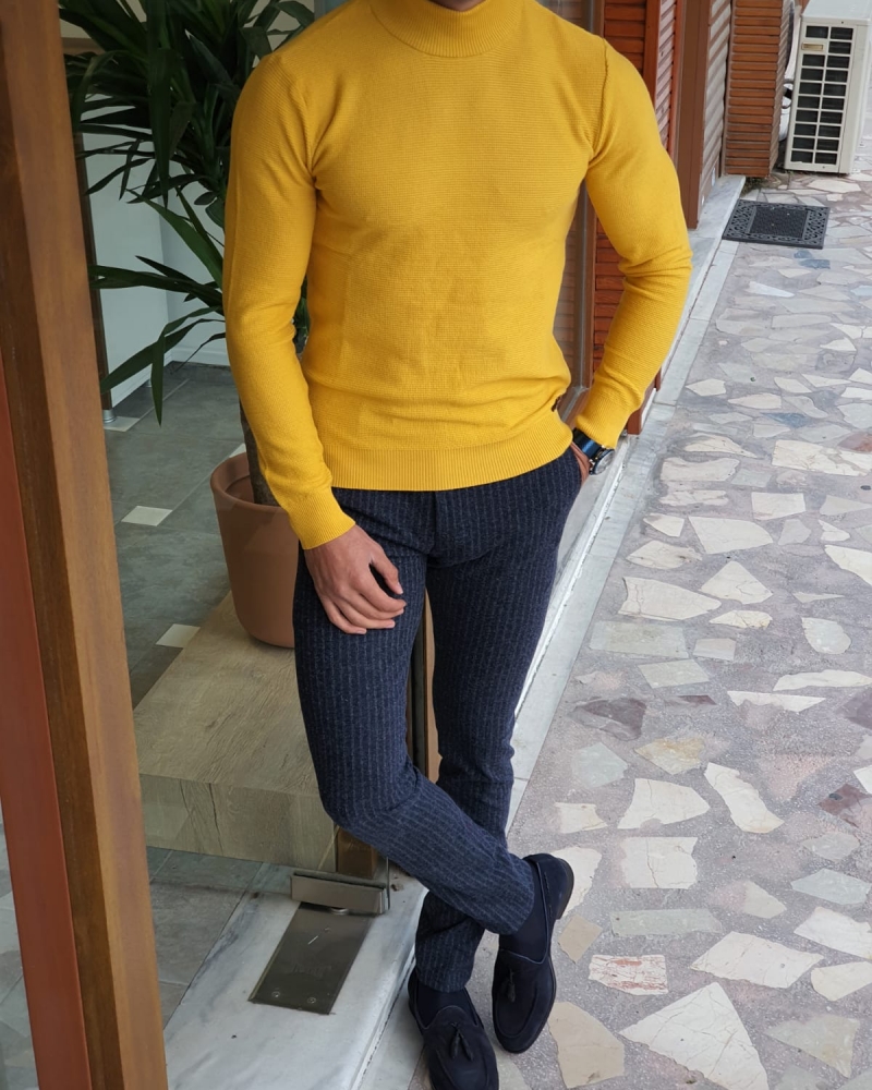 Yellow Slim Fit Mock Turtleneck Sweater by GentWith.com with Free Worldwide Shipping
