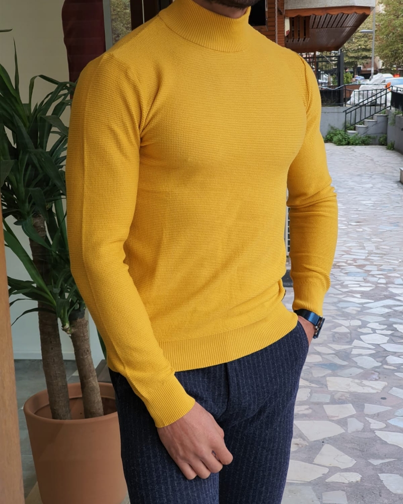 Yellow Slim Fit Mock Turtleneck Sweater by GentWith.com with Free Worldwide Shipping