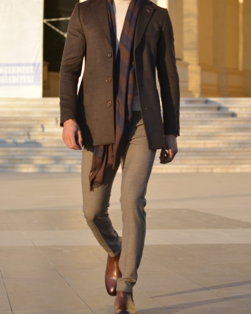 Brown Slim Fit Wool Long Coat by GentWith.com with Free Worldwide Shipping