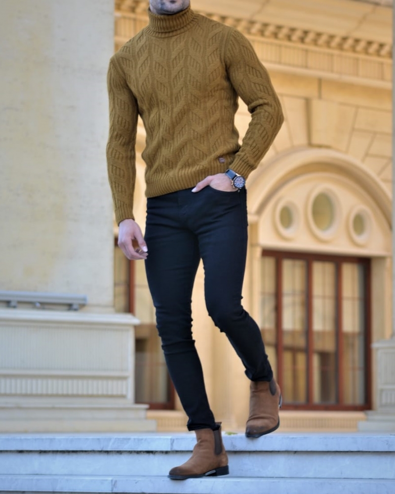 Camel Slim Fit Turtleneck Wool Sweater by GentWith.com with Free Worldwide Shipping