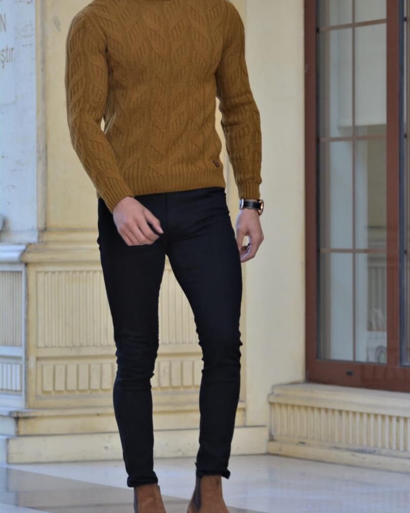 Camel Slim Fit Turtleneck Wool Sweater by GentWith.com with Free Worldwide Shipping